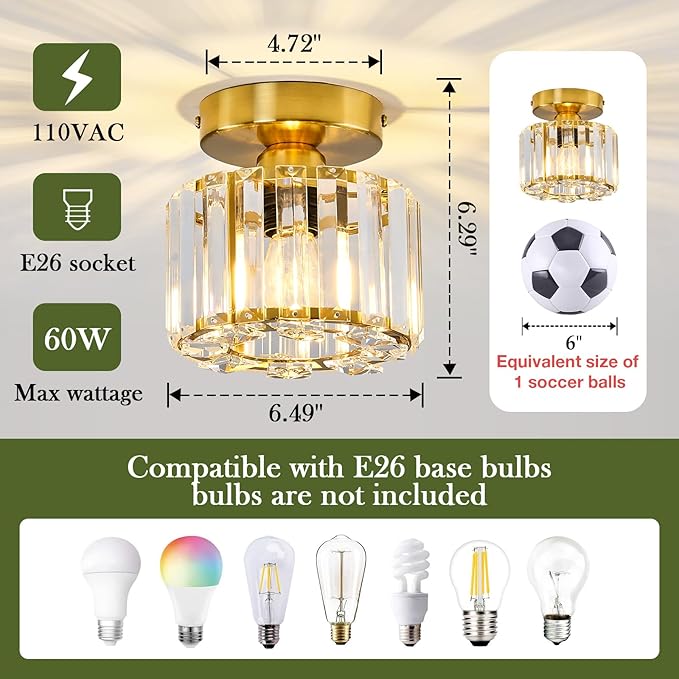 2 Pack Small Crystal Semi Flush Mount Ceiling Light Fixture Modern Gold Mini Round Chandelier Metal E26 Ceiling Lamp for Hallway Bathroom Entryway Kitchen Closet