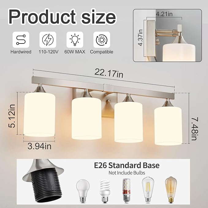 ZHU YAN Brushed Nickel Vanity Lights,4-Light Bathroom Light Fixtures,Milky White Glass Shades Wall Lamp,E26 Socket Vanity Lights Fixtures,Bathroom Lighting Fixtures Over Mirror