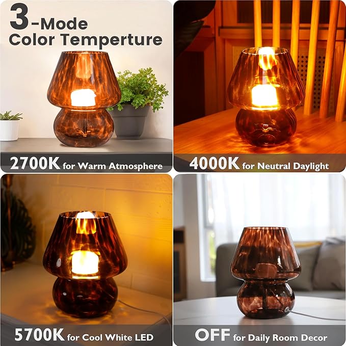 ULAROOM USB Plug-in Vintage Mushroom Lamp Small Bedside Table Lamp with 3 Temperature LED Bulb,Free Dimming Nights Light for Bedroom/Living Room/Entryway/Corner Decor New Home Gift (Golden Amber)