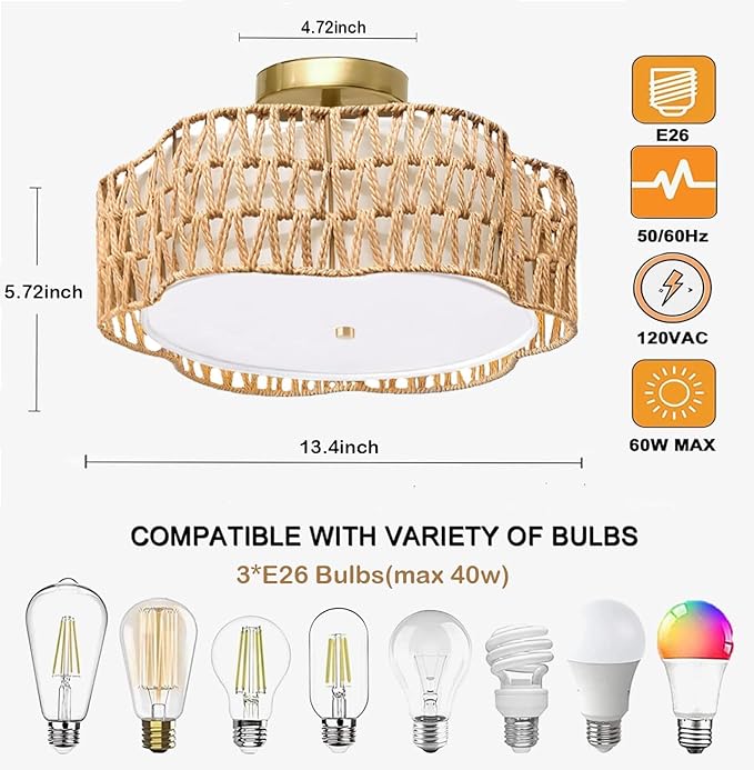 13.4"Rattan Flush Mount Ceiling Light Fixtures,Boho Rattan Chandelier with Drum Fabric Shade,3-Light Wicker Light Fixtures for Bedroom,Nursery Light Fixtures,Mini Chandelier Lighting for Dining Room