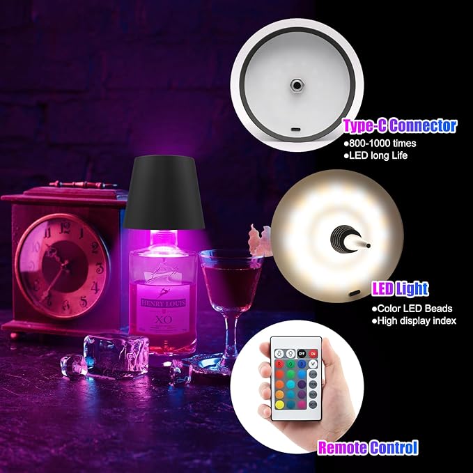 Wireless Bottle Lamp with Remote Control, Rechargeable RGB Wine Bottle with 3Modes Light Dimming, Waterproof Touch Lamp Head for Room, Bar, Restaurant and Party Decorations(Black RGB)