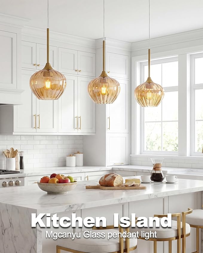 2-Pack Amber Glass Pendant Lights for Kitchen Island, 7" Modern Pendant Lighting Vintage Gold Light Fixtures Adjustable Hanging Light for Kitchen, Dining Room, Bar, Bathroom