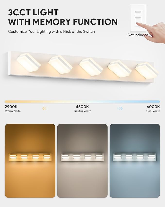 VONLUCE Bathroom Vanity Light Fixture, 5-Light Modern LED Vanity Light, 3CCT Adjustable Bathroom Lights with Memory Function Rotatable Shades, 34" Wall Lighting Fixture Over Mirror, Matte White