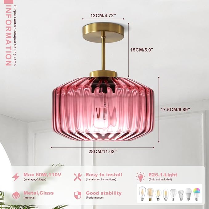 Art Deco Purple Ceiling Light Glass Semi-Flush Mount with Gold Finish, Bedroom Light Fixtures for Bathroom Living Room Entryway Closet Light