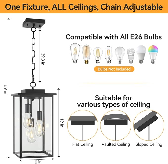 Outdoor Pendant Light Fixture E26 3-Light Modern Black Metal Outside Chandelier Exterior Hanging Fixture Ceiling Mount with Clear Glass for Porch Front Door Entrance Entryway, 1 Pack