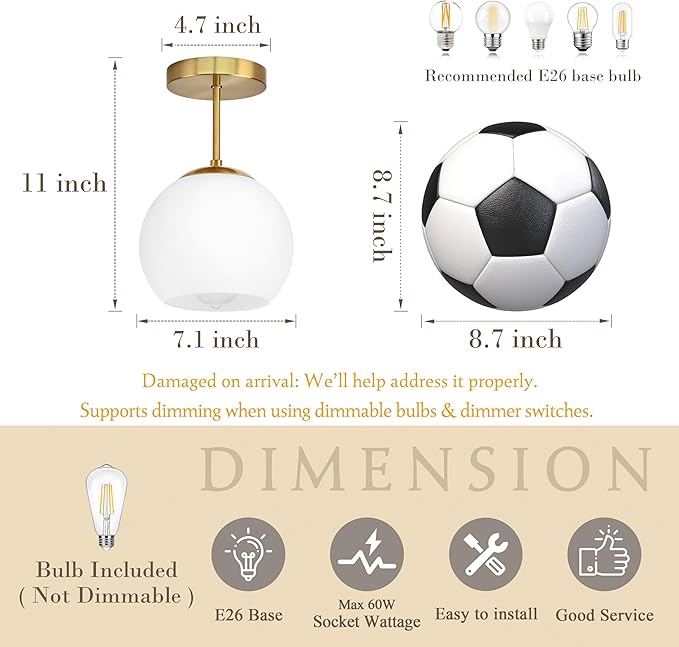 Gold Semi Flush Mount Ceiling Light Fixture Milk Glass Light Fixture Mid Century Flush Mount Ceiling Lights Brass Flush Mount Ceiling Schoolhouse Lights for Dining Room(Bulb Incl.)