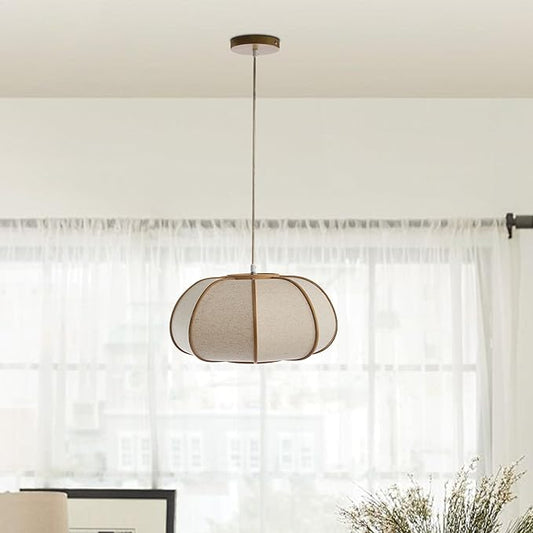 15" Bamboo Pumpkin Pendant Light, Adjustable 71" Hanging Lamp with Boho Japandi Fabric Shade, Ceiling Light for Dining Room, Kitchen, Bedroom, E26 Base (Nature Color)