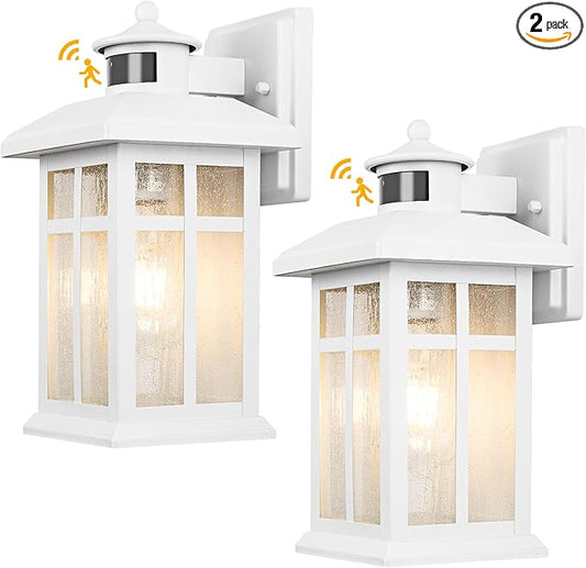 Brilvibera 2 Packs Motion Sensor Outdoor Lights, Outside Light Fixtures for House White, Porch Lights Outdoor 2- Pack with E26 Sockets & Tempered Glass, Waterproof Exterior Wall Lights Motion Sensor