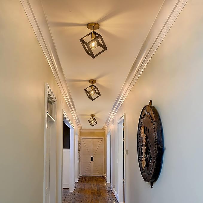Modern Flush Mount Ceiling Light Fixture, Metal Frame Light Fixture,Black and Gold Finish, 9x9x13inches,for Entryway Porch Hallway Stairway Garage Living Room Dining Room Balcony