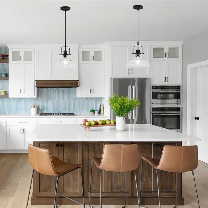 WILON Farmhouse Pendant Lights Kitchen Island Lighting, Black Pendant Light Over The Sink, Vintage Clear Glass Pendant Light, Industrial Hanging Light Fixture for Dining Room Over Table Bar Foyer