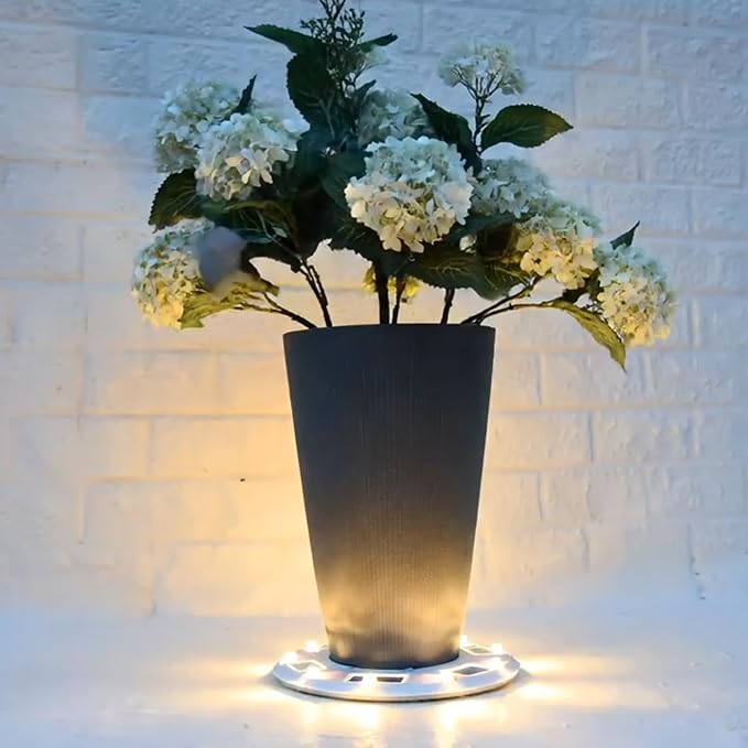 Gama Sonic 15" Illuminated Plant Stand for Outdoor, Solar Power, White Base for Exterior Potted Plants, Entryway, Pathway, Landscape Planter Lighting (78i50265)