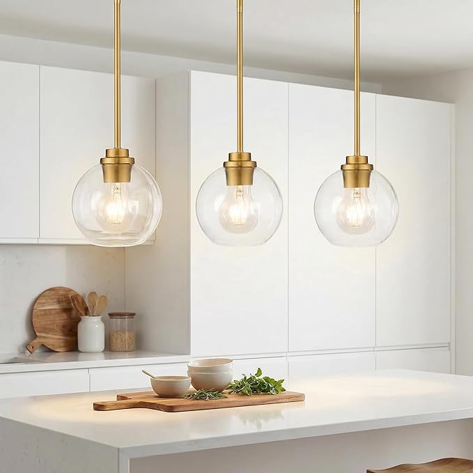Gold Pendant Light, 7 Inch Clear Glass Farmhouse Hanging Fixture, Adjustable Height & Sloped Ceiling Compatible for Kitchen Island Dining Room Entryway Bedroom Hallway, 3 Pack
