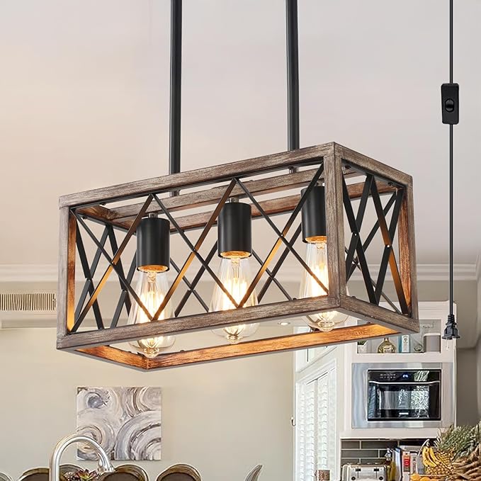 Plug in Pendant Light，3-Light Dining Room Light Fixture Over Table,Plug in Chandelier for Kitchen Sink，Farmhouse Metal Kitchen Pendant Lighting Over Island, Wood Grain Finish.