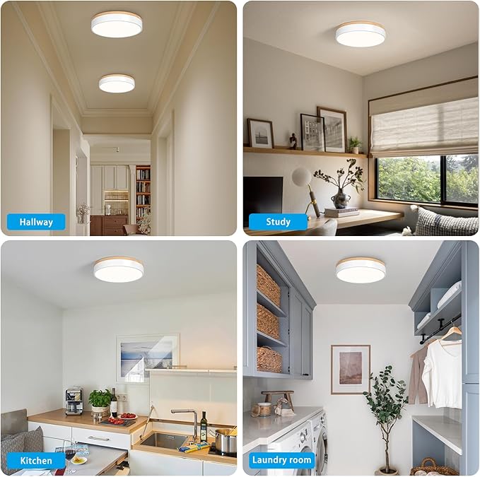 WOKNOS Dimmable Wood Ceiling Light Fixture 2700K-6000K 5CCT Modern White LED Flush Mount Ceiling Light Minimalist Circle Close to Lighting Fixture for Bedroom Kitchen Bathroom Laundry Room 11.81 Inch