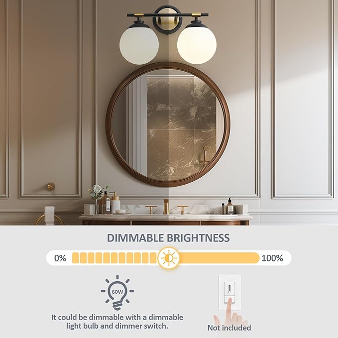 Rayogale Bathroom Light Fixtures, 2-Light Black & Gold Vanity Lights Over Mirror with White Glass Shade, 15 Inch Bathroom Wall Sconces for Bedroom Living Room (Bulbs Not Included)