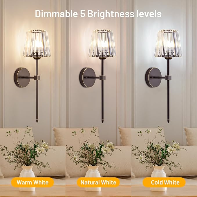 Crystal Battery Operated Wall Sconces Set of 2, Brown and Gold Rechargeable Wireless Wall Lights with Crystal Lampshade, 12 RGB and 3CCT Dimmable Wall Lamps with Remote for Bedroom Living Room Hallway