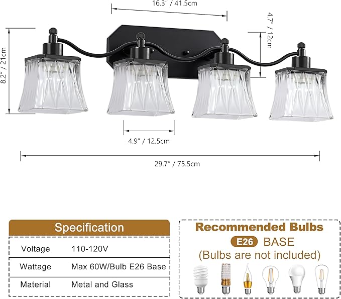 Bathroom Vanity Light Fixtures, 4-Light Vintage Matte Black Vanity Lights with Crystal Glass Shades, Farmhouse Bathroom Lighting Fixtures Over Mirror for Bathroom Bedroom Hallway
