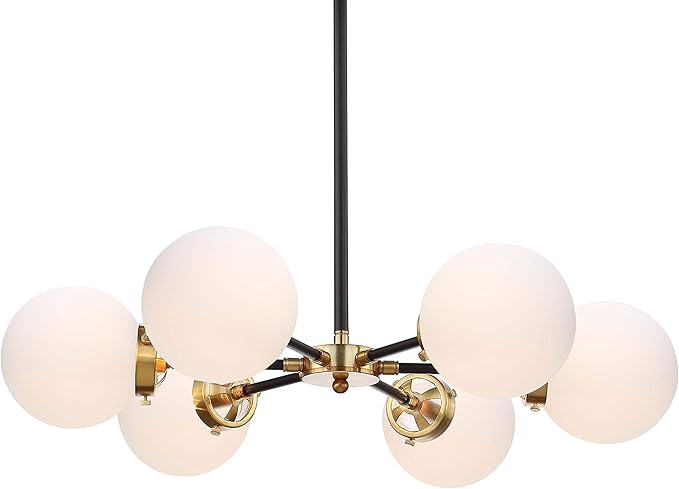 JONATHAN Y 28" Brass Gold/Black Modern 6-Light Cluster Pendant Chandelier, Clear Glass Shade Hanging Fixture for Kitchen Island Dining Room, LED Bulbs Included, Dimmable (JYL9059B)