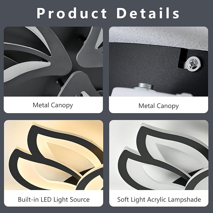 Modern Ceiling Light with APP & Remote Control, Dimmable LED Flush Mount Chandelier with 3-Color, Black Acrylic Flower Ceiling Light Fixture for Living Room Dining Room Bedroom Kitchen-9-Leaves