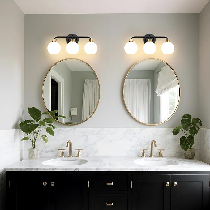 3 Light Bathroom Vanity Light, Black and Gold Bathroom Light Fixtures with Milk Glass Shade Modern Wall Sconces Lighting Bath Wall Lights Lamp for Mirror Kitchen Living Room Bedroom Hallway Cabinet