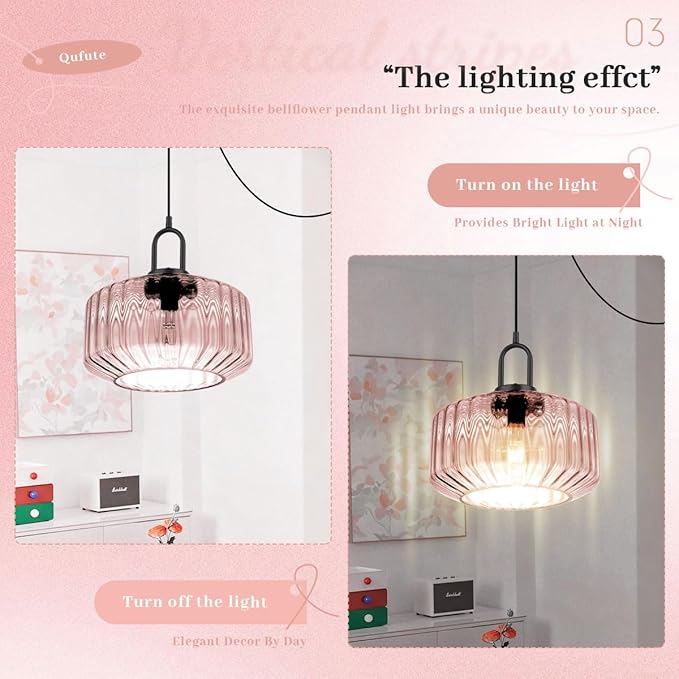 Modern Plug in Pendant Light Fixture Large Glass Hanging Lamp Pink Globe Shade Hanging Light Plug in Cord Mid Century Modern Pendant Lighting with 14.7 ft Cord for Kitchen Living Room