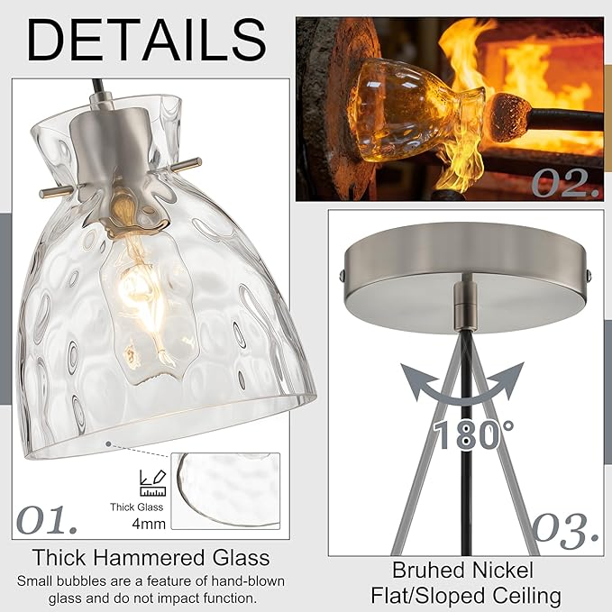 5.9“ Small Brushed Nickel Pendant Lights Kitchen Island, Hammered Glass Pendant Light Fixtures, Adjustable Mini Hanging Lights Kitchen Pendant Lighting over Island Sink Bathroom Dining Room Bedroom