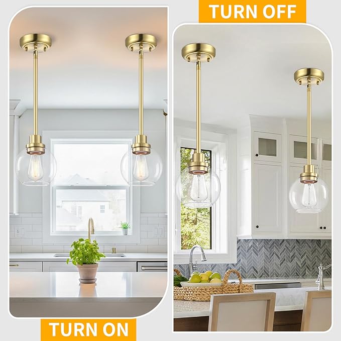 gernehop 2 Pack Globe Pendant Light Gold Mid Century Modern Light Fixture, Clear Glass Pendant Lights Kitchen Island Pendant Lights Brushed Brass Finished with Clear Glass Lampshade
