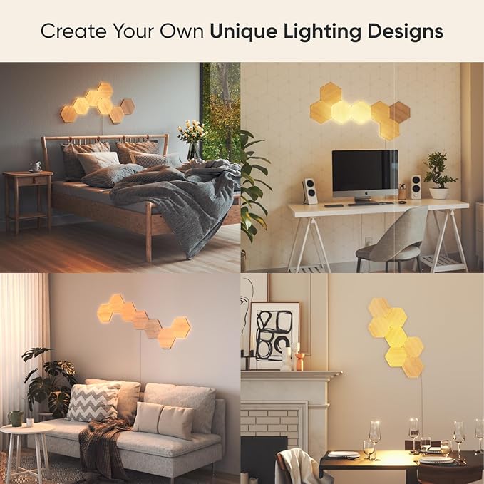 Nanoleaf Elements Wood Look Smart Wall Lights, Hexagon LED Wall Lights Compatible with Alexa Google Assistant, Home Wall Decor for Living Room with Music Sync, Touch Control, Ambient Lighting, 7 PK