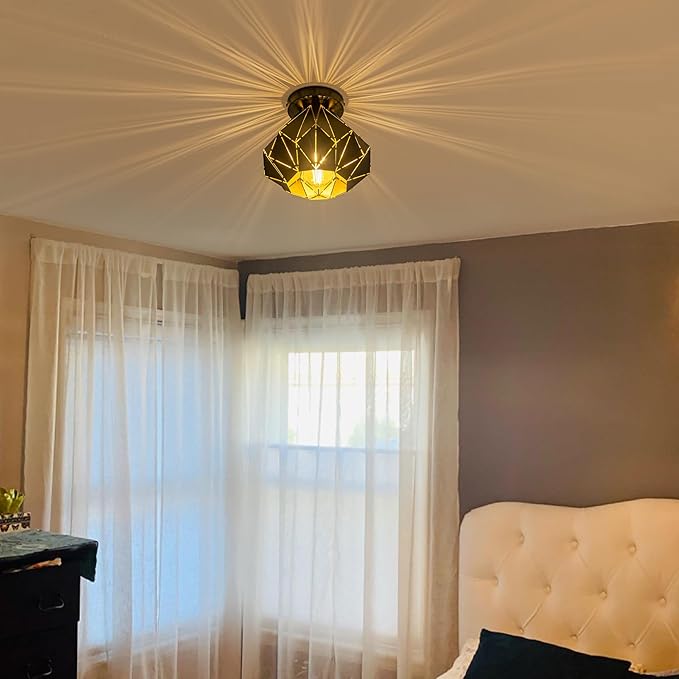 Modern Geometric Ceiling Light, Black Metal Diamond Cage Design, Semi-Flush Mount, Industrial Style, E26, Matte Black with Gold Inside