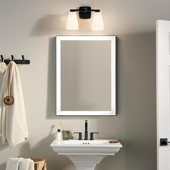 Kichler Marant 2-Light Bathroom Vanity Light Fixture with Opal Glass, 14.25" Modern Wall Sconce in Black for Over Mirror, Powder Room (14.25" W x 9.5" H), 55215BK