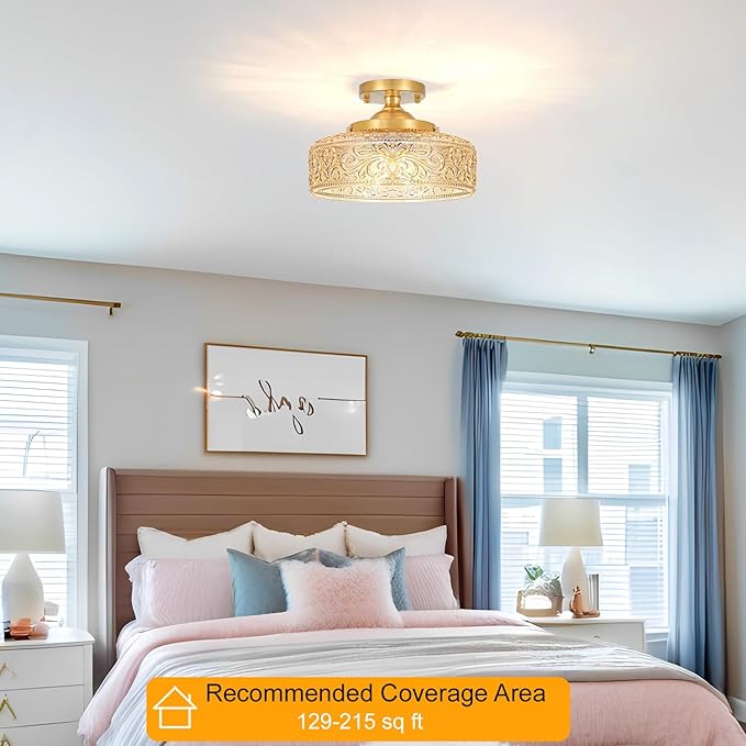 Gold Semi Flush Mount Ceiling Light, 3-Light Close to Ceiling Light with Amber Glass, Vintage Hallway Lights, Brass Closet Light Fixture, Kitchen Flush Ceiling Mount for Entryway Bedroom Bathroom,E12