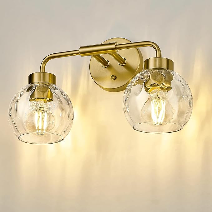 zeyu Globe Bathroom Vanity Light, 2-Light Vanity Light, Bathroom Lights Over Mirror with Water Ripple Globe Glass, Brushed Gold Finish, ZS62BG-2W BG-WG
