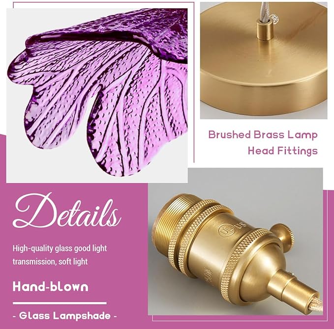 Mid Century Pendant Light with Purple Glass Flower Shade Vintage Hanging Light in Brushed Brass, Gold Adjustable Ceiling Lighting for Kitchen Island, Dining Room, Bedroom