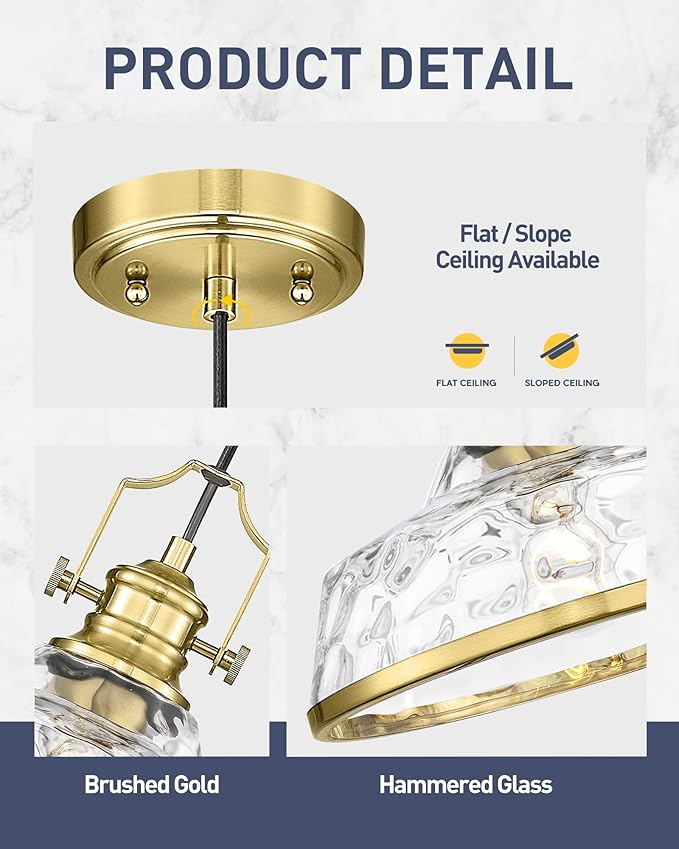 kudos Gold Pendant Lights Kitchen Island, 11" Brass Kitchen Island Lighting with Clear Hammered Glass Shade, Farmhouse Hanging Light Fixture for Kitchen Sink Dining Room Hallways, KDPL13-GD-H