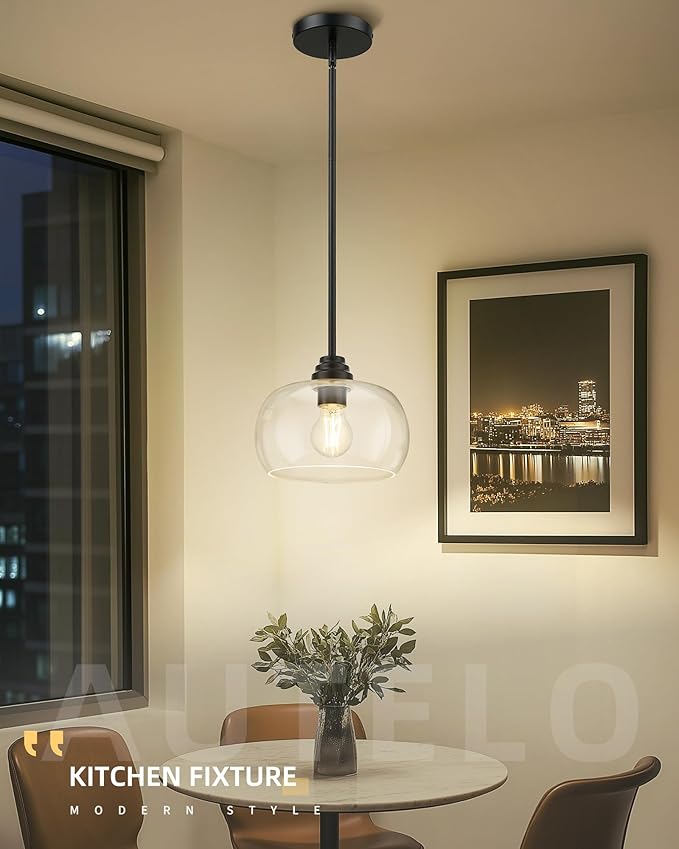 AUTELO 2 Pack Matte Black Pendant Lights, Kitchen Pendant Lights Over Island with Clear Drum Glass, Island Pendant Lights for Kitchen Dining Room Bar, H9385 BK-R-2PK