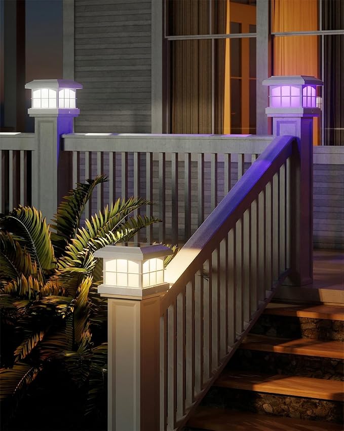 PARTPHONER RGBCW Solar Post Cap Lights 2-Pack, 9 Colors 3 Modes Fence Cap Lights, Bright Solar Outdoor Waterproof LED Deck Lighting for Fence Garden Deck Patio Porch Decor 4x4 Vinyl/Wood, White