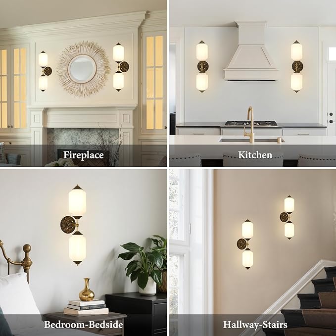 Vintage Milk Glass Bathroom Wall Sconce - 25" Mid Century Dimmable Vanity Light with Bulb - Vertical or Horizontal Mounted Sconces - Modern Brass Gold Lighting Fixture for Indoor Bedroom Hallway Decor