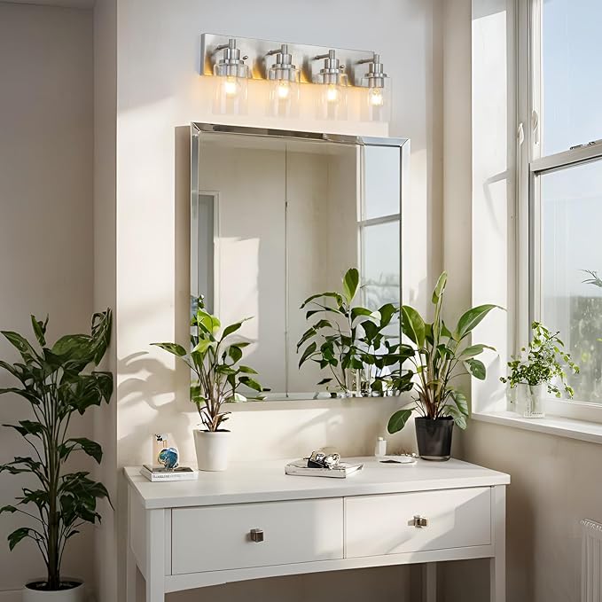 LOUSACE 4 Light Bathroom Vanity Light Brushed Nickel, Bathroom Lighting Fixtures with Clear Glass Shades Over Vanity Mirror, Modern Wall Sconces Fixtures for Bedroom Living Room, E26 Socket