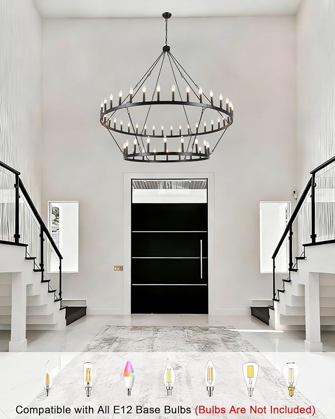 2 Tier Wagon Wheel Chandelier 54-Light 60 Inch, Extra Large Farmhouse Chandeliers Black Round Industrial Pendant Light Fixture for Dining Room Living Room Foyer Entryway Kitchen Outdoor High Ceilings
