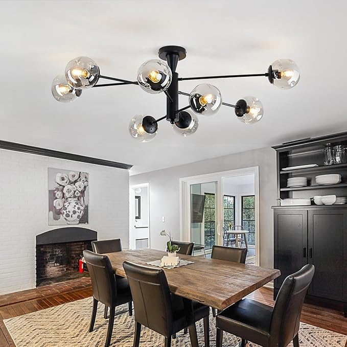 hesoge Modern Sputnik Ceiling Lights Black Semi Flush Mount Ceiling Fixture with Glass Globes 8 Light Large Chandelier for Dining Room Bedroom Living Room Kitchen Farmhouse.