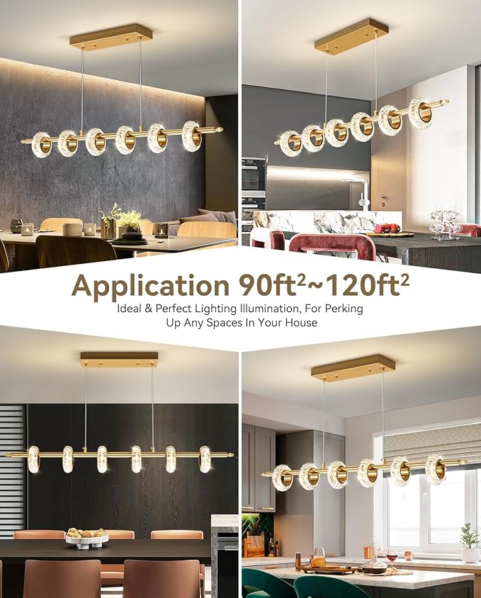 Dimmable Modern LED Chandelier with Remote Control, Crystal Dining Room Light Fixtures Over Table, 3000K-6500K Gold Linear Pendant Light for Kitchen Island