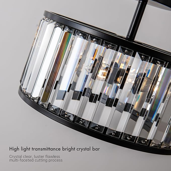KSRYSZCQ Black Hallway Ceiling Light 3-Light Crystal Ceiling Light Modern Semi Flush Mount Light Fixture for Kitchen Bathroom Foyer