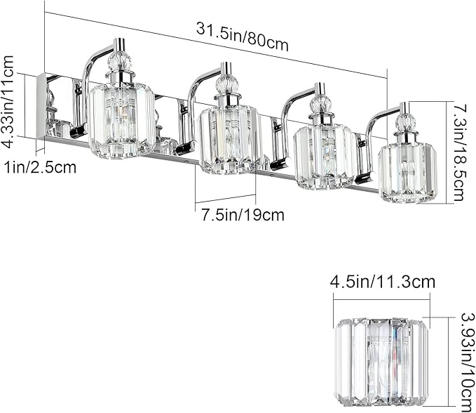 Ralbay Crystal Bathroom Vanity Light - 4 Light Modern Crystal Bathroom Lights Fixtures Over Mirror, Stainless Steel Chrome Vanity Light for Wall Lights Fixtures