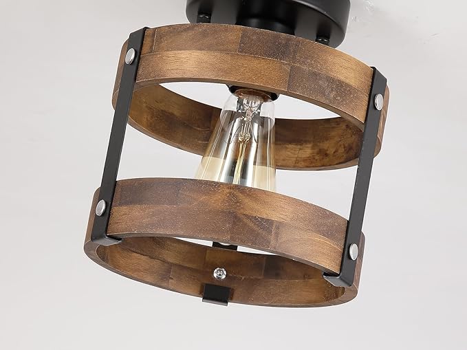 2 Pack Rustic Farmhouse Wood Flush Mount Ceiling Light Fixture Oak Wood and Metal Round Cage Small Semi Flush Mount Ceiling Light for Kitchen Hallway Entry Bedroom Country Farmhouse, Black