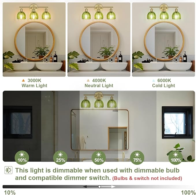 Vintage Bathroom Light Fixtures,3-Light Hardwired Vanity Lights with Green Tulip Glass Shade,Gold Bathroom Vanity Light for Mirror Restroom,E26 Socket,18.5 in(Bulbs Not Included)
