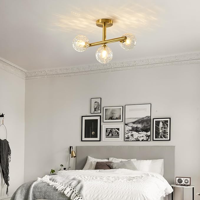 Modern Globe Glass Ceiling Light: 13 Inch Sputnik Semi Flush Mount Light with Hammered Clear Glass Shade - 3 Lights Gold Ceiling Lighting Fixture - Dimmable Linear Chandelier for Bedroom Living Room