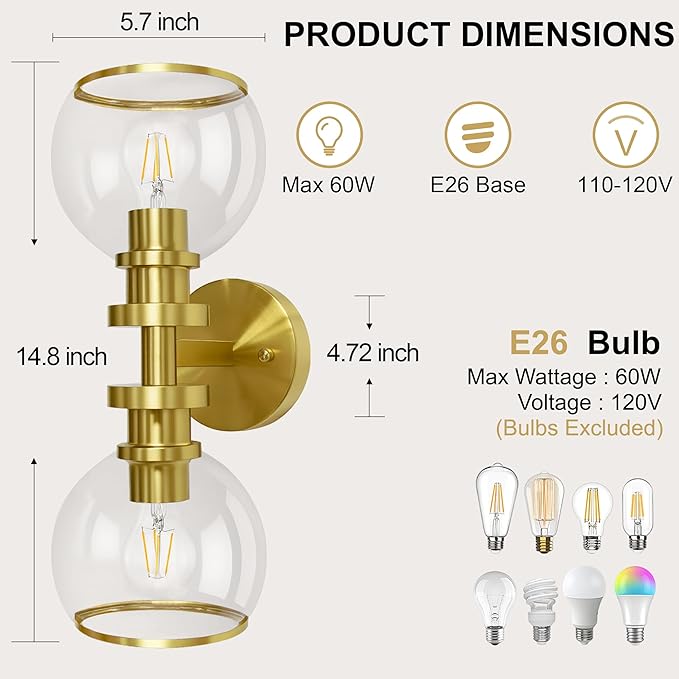 Bathroom Sconces Set of Two, Brushed Gold Wall Sconces with Clear Glass, Hardwired Modern Sconces Wall Decor Set of 2, Wall Light Fixtures for Bathroom Living Room Mirror Hallway Bedroom