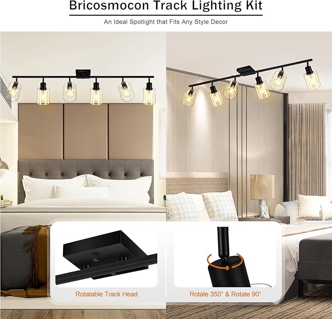 Track Lighting Fixtures Ceiling, 6-Light Track Light with Clear Glass Shade, 45" Modern Kitchen Lighting Ceiling with Rotatable Track Head, Black Wall Light for Vanity Hallway Bedroom(E26, No Bulb)