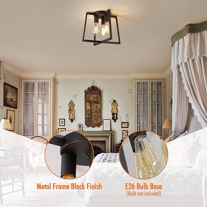3-Light Ceiling Light Fixture,Modern Black Semi Flush Mount Chandelier,Farmhouse Industrial Ceiling Lighting for Kitchen Dining Room Bedroom Living Room Entryway Hallway Foyer