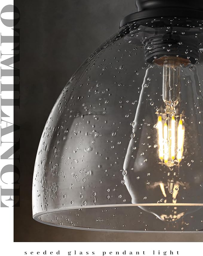 Black Pendant Lights Kitchen Island 2 Pack, 7.5" Seeded Glass Pendant Lights, Vintage Industrial Pendant Light Kitchen Island, Farmhouse Pendant Lighting for Kitchen, Dining Room, Bar, Cafe